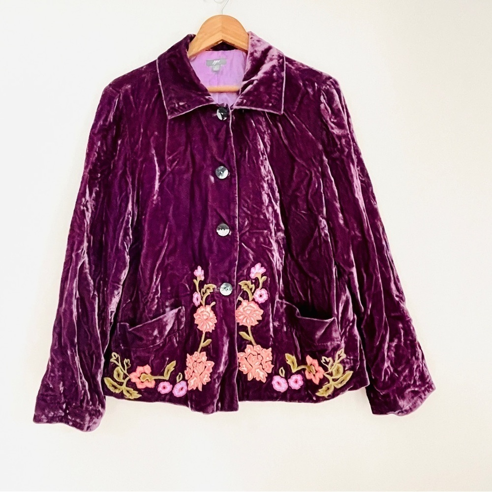 J. Jill Dark Purple Crushed Velvet Floral Embroidered Jacket Large